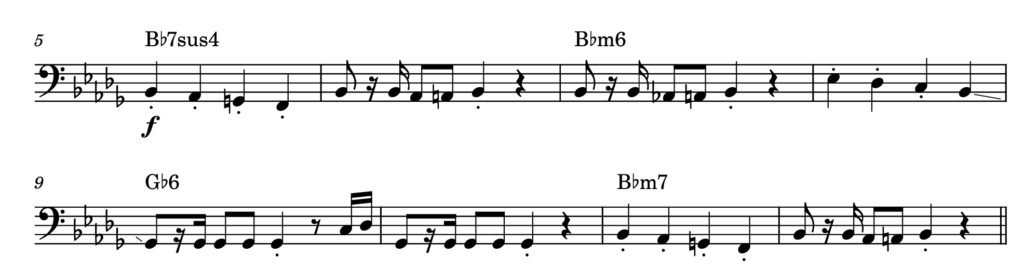 Music notation showing eight bars of the bassline for the David Bowie song "Let's Dance."