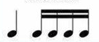Musical notatation showing an eighth note and four sixteenth notes.