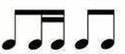 Musical notatation showing an eighth note, two sixteenth notes and two eighth notes.