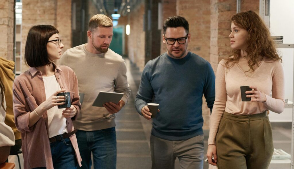 colleagues walking down the hall