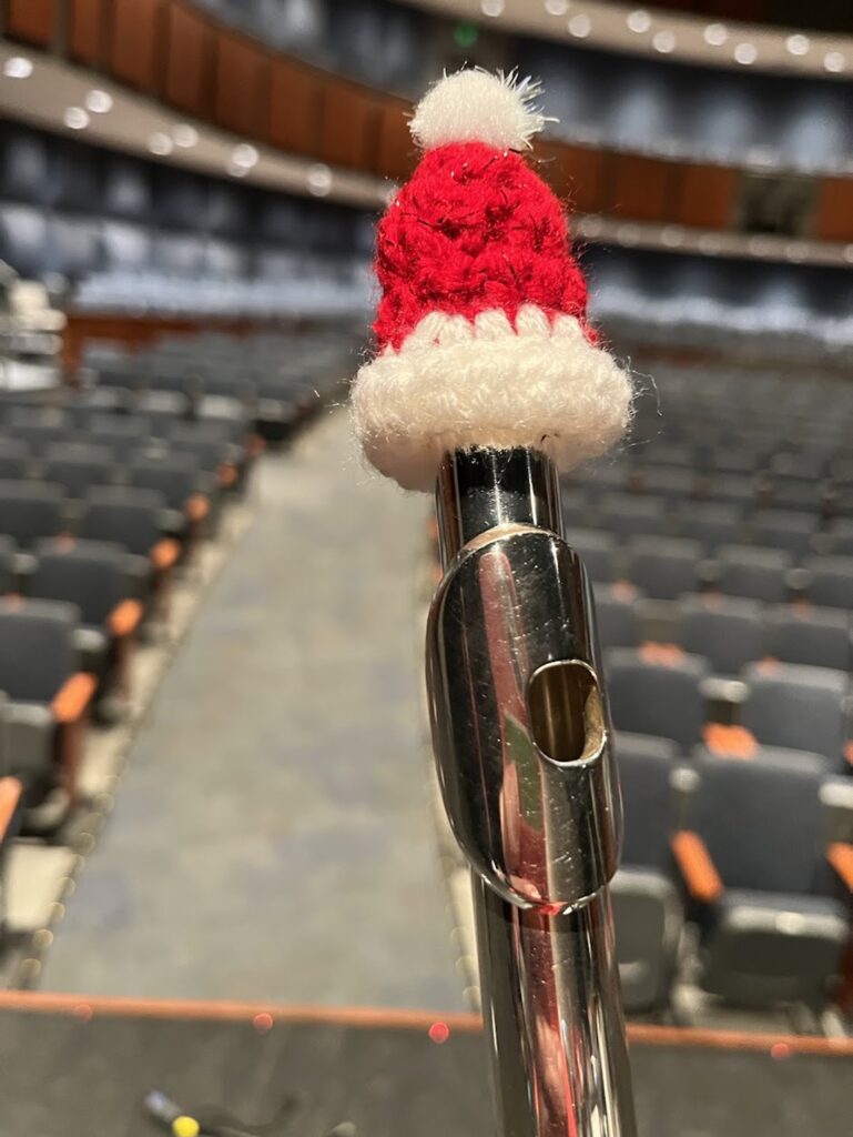 flute with small knitted Santa hat