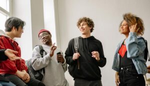 happy students laughing and talking