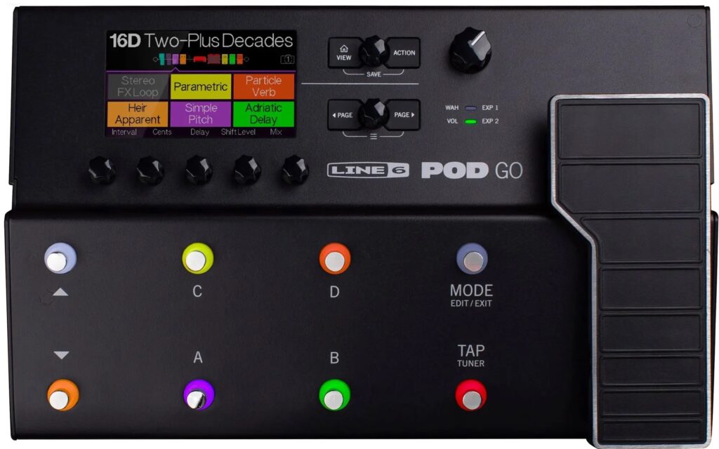 A black guitar modeler with foot switches and a foot pedal.