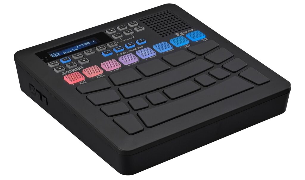 A set of electronic finger drum pads with lighted switches in a black housing.