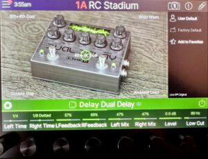 Touchscreen on a guitar effects processor displaying an image of a stompbox.