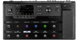 A black guitar effects processor with twelve footswitches and a footpedal.