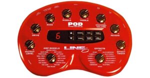 A red, kidney bean-shaped effects processor called The Pod.