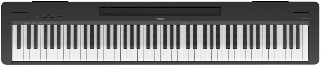 An 88-key digital piano in a black casing.