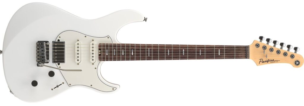 A white electric guitar.