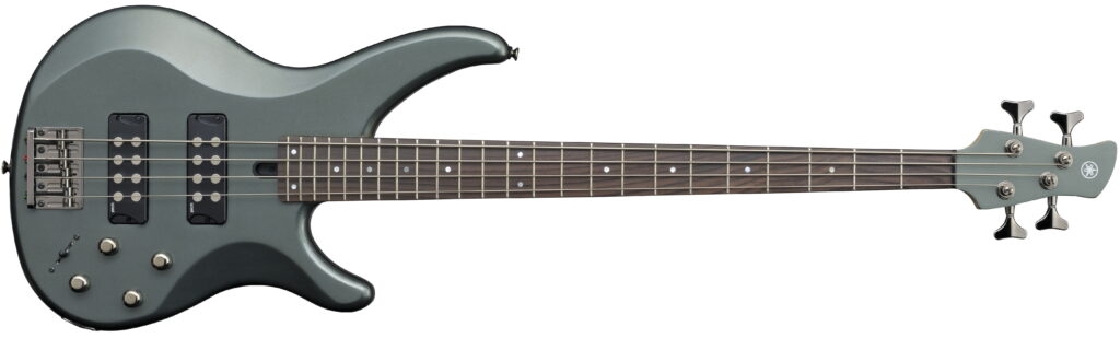 A green four-string electric bass guitar.