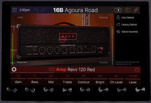 The touchscreen of an effects processor showing an image of an amplifier.