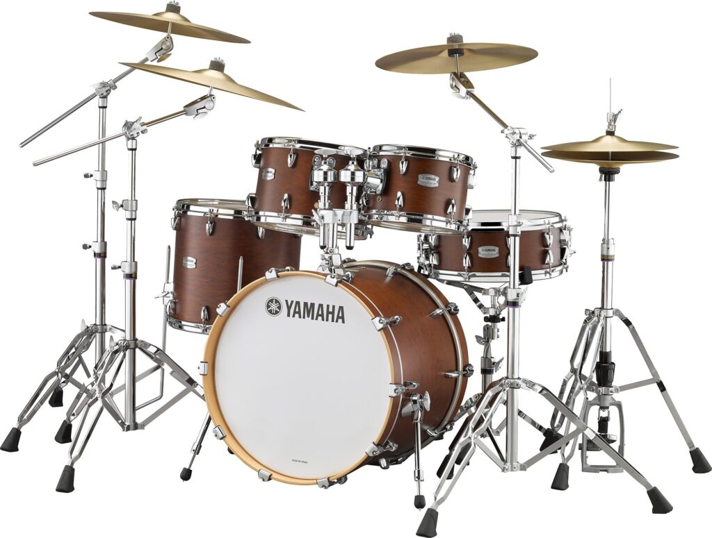 A five-piece drum set with a bass drum, snare drum, two tom-toms, floor tom, high-hat and three cymbals.