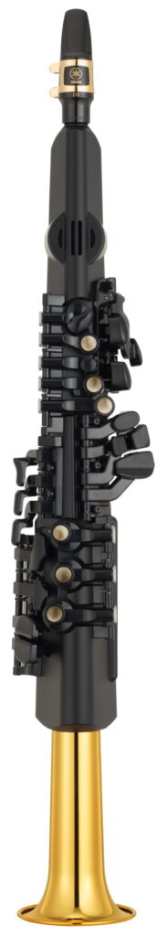 A large digital saxophone with a gold bell.