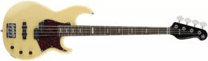 A cream-colored four-string electric bass guitar.