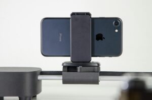 cell phone secured in clamp, ready for recording