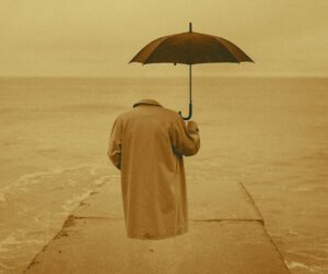 invisible man wearing trench coat and holding umbrella