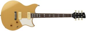A gold electric guitar.