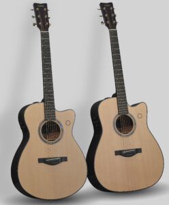 Two acoustic guitars in natural wood finish.