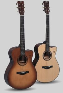 Two acoustic guitars, one in a caramel sunburst finish and the other in a natural wood finish.
