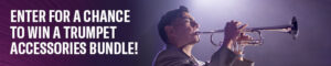 Image of a boy playing a trumpet, with a text overlay that reads "Enter for a Chance to Win a Trumpet Acccessories Bundle!"