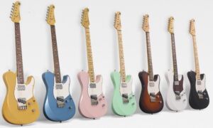 Seven electric guitars in different colors.