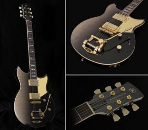 Three views of a black electric guitar.