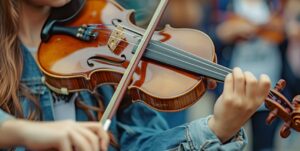 close up of student playing violin