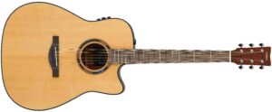 A concert body electric-acoustic guitar in a natural finish with a cutaway.