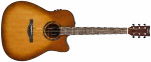 A dreadnought body electric-acoustic guitar in a tobacco finish with a cutaway.