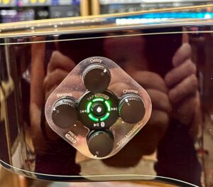 Four small knobs arranged in a circle around a button, all on the top of an acoustic guitar.