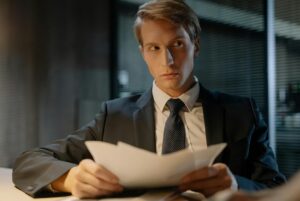 man holding papers and looking off to the side