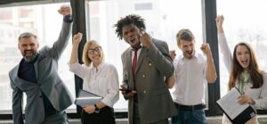 coworkers cheering together 