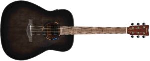 A dreadnought body electric-acoustic guitar in a black finish.