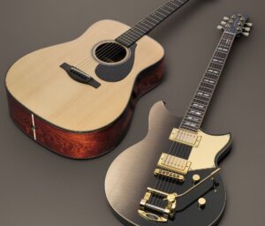An acoustic guitar and an electric guitar.
