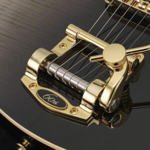 The tremolo unit of a black electric guitar.
