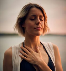 close up of someone meditating and holding a hand on their chest 